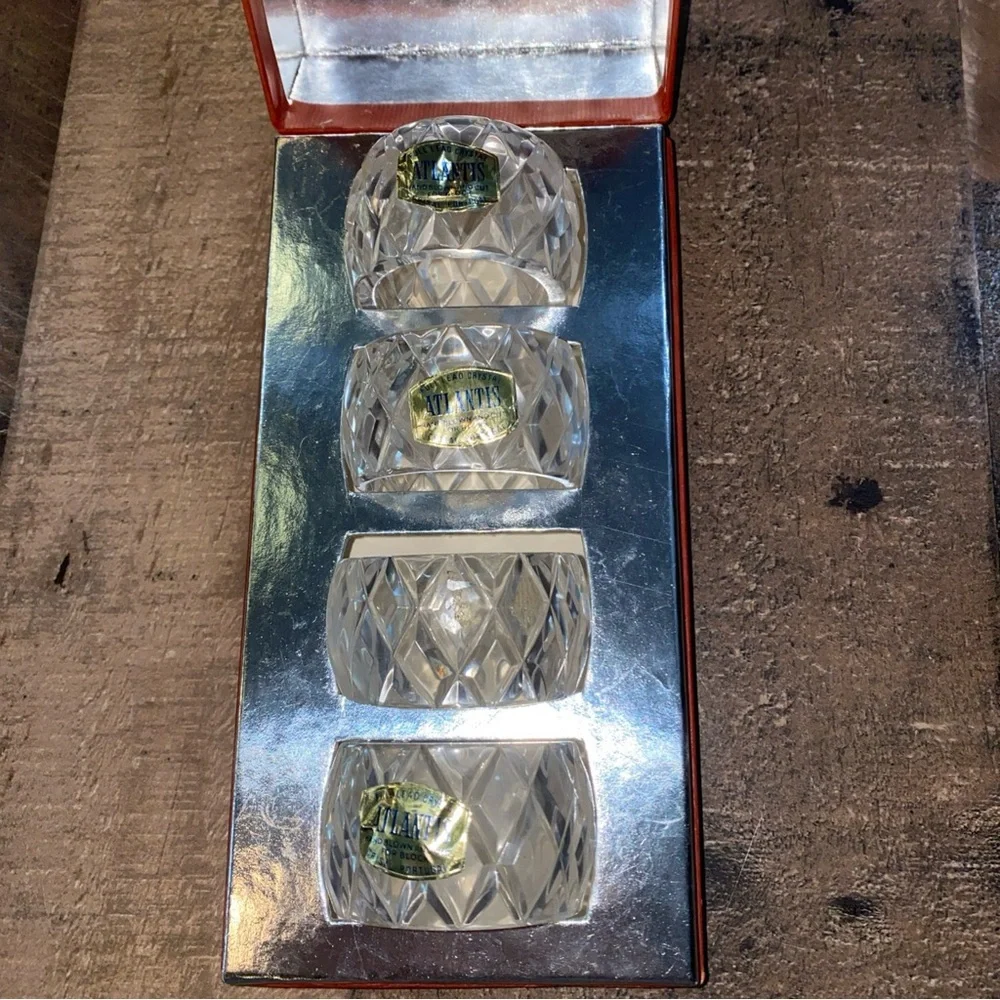 4 Full Lead Crystal Napkin Rings Atlantis Blown Hand‎ Cut Portugal Original Box